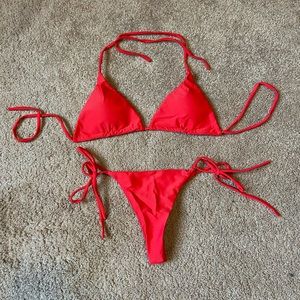 Mini red string bikini thong bottom triangle top